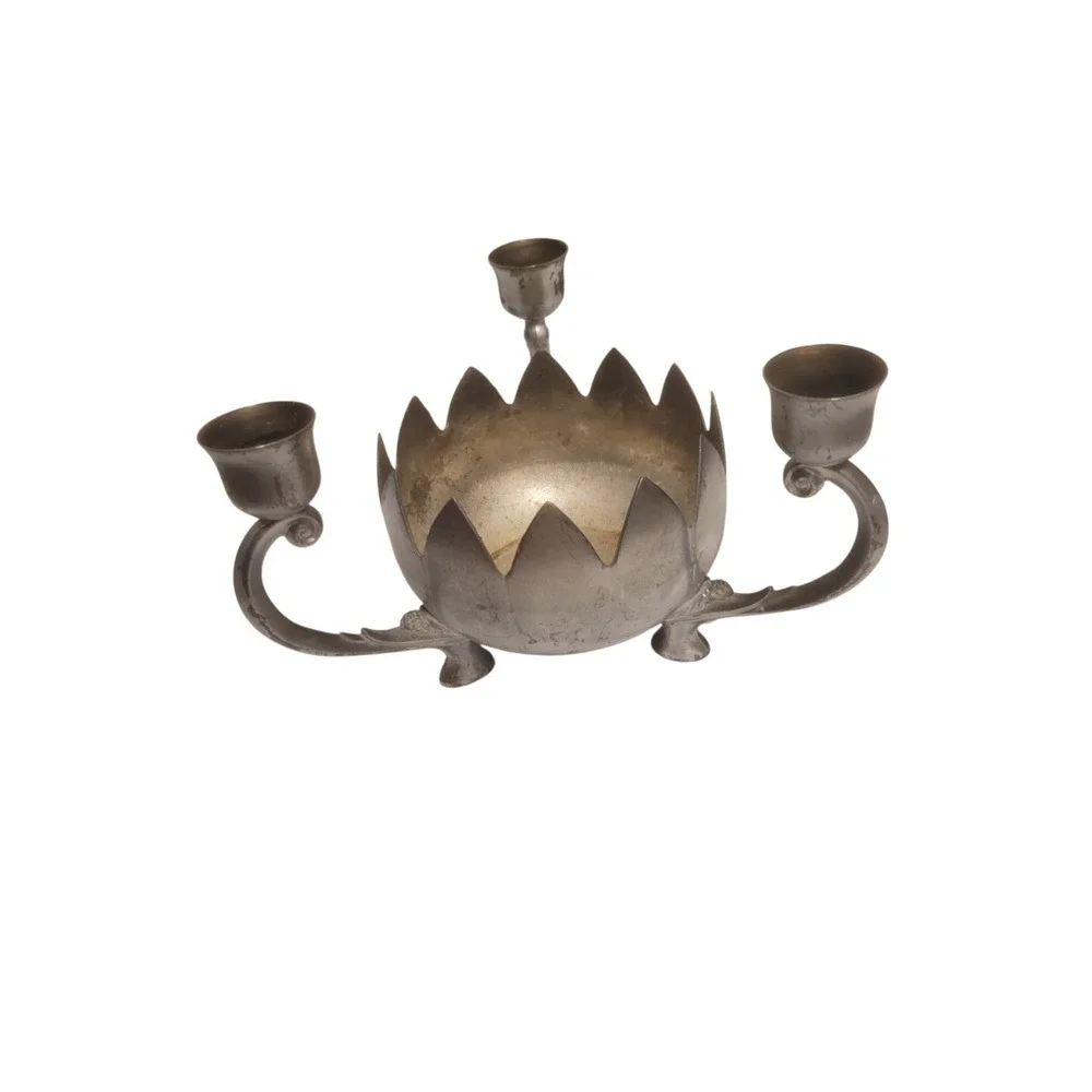 Taper Candle Holder (3)-Arm Lotus Flower Silver‎ Finish